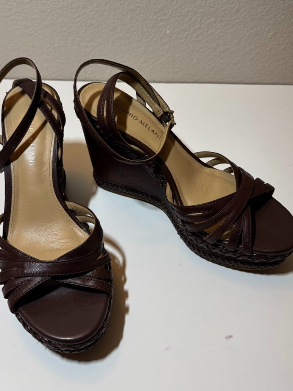 Antonio Melani Brown Leather Strappy Platform Wedge Sandals Size 8